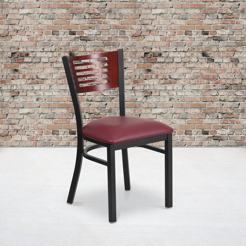 SINGLEWAVE Series Black Slat Back Metal Restaurant Chair - Mahogany Wood Back, Burgundy Vinyl Seat