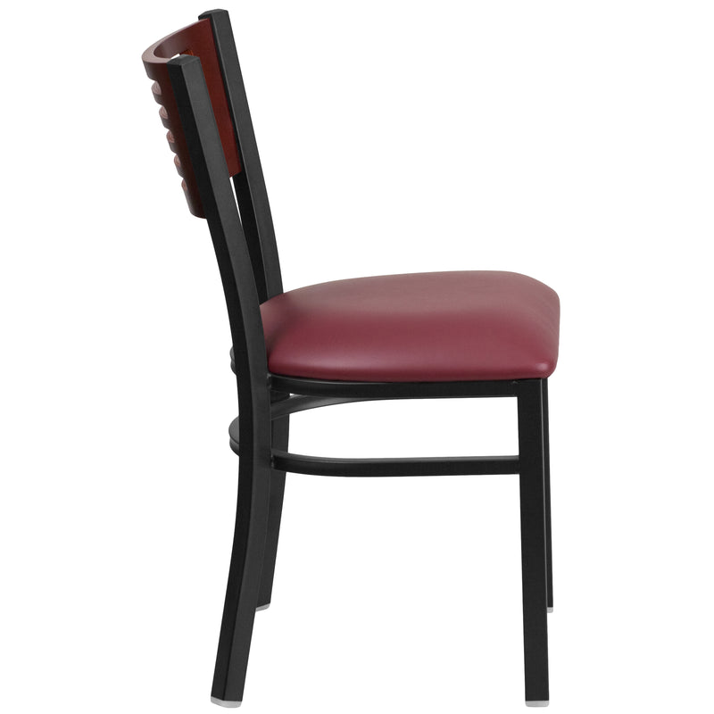 SINGLEWAVE Series Black Slat Back Metal Restaurant Chair - Mahogany Wood Back, Burgundy Vinyl Seat