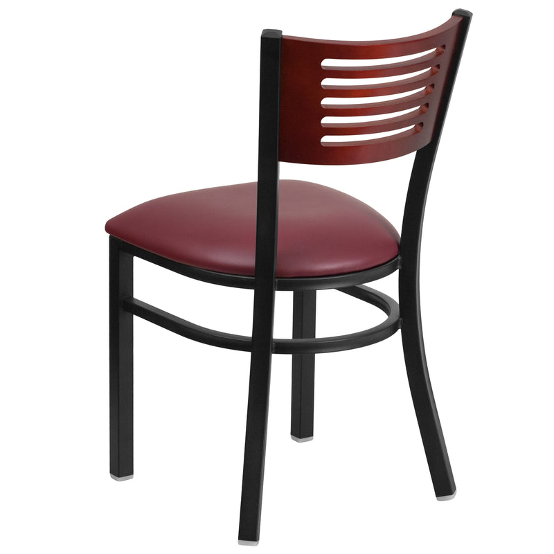 SINGLEWAVE Series Black Slat Back Metal Restaurant Chair - Mahogany Wood Back, Burgundy Vinyl Seat