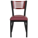 SINGLEWAVE Series Black Slat Back Metal Restaurant Chair - Mahogany Wood Back, Burgundy Vinyl Seat