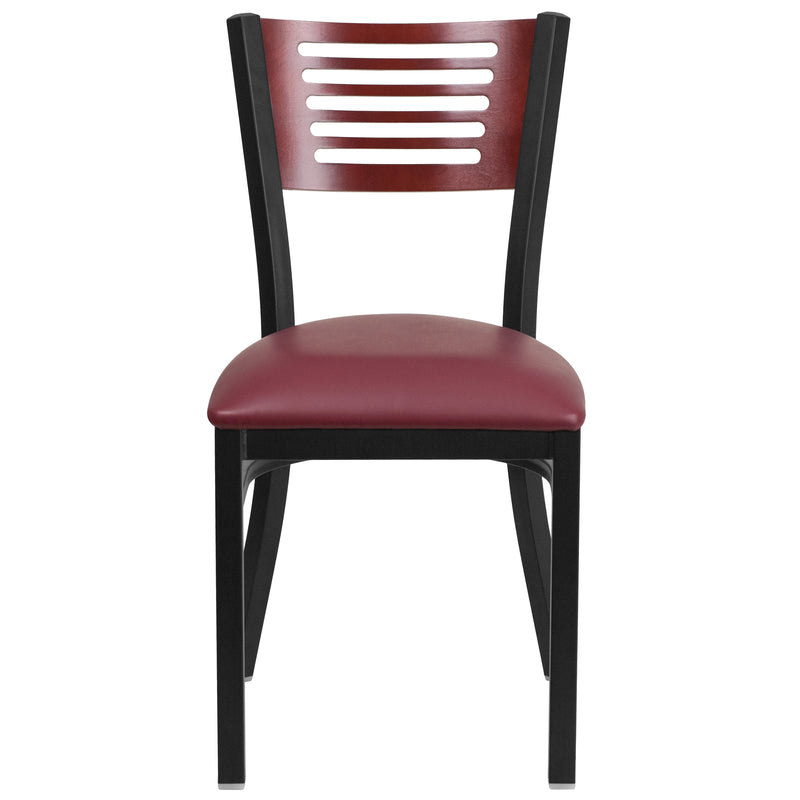 SINGLEWAVE Series Black Slat Back Metal Restaurant Chair - Mahogany Wood Back, Burgundy Vinyl Seat