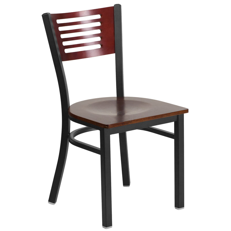 SINGLEWAVE Series Black Slat Back Metal Restaurant Chair - Mahogany Wood Back & Seat