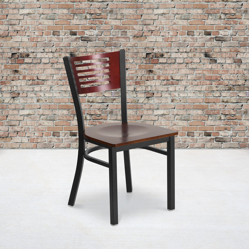 SINGLEWAVE Series Black Slat Back Metal Restaurant Chair - Mahogany Wood Back & Seat