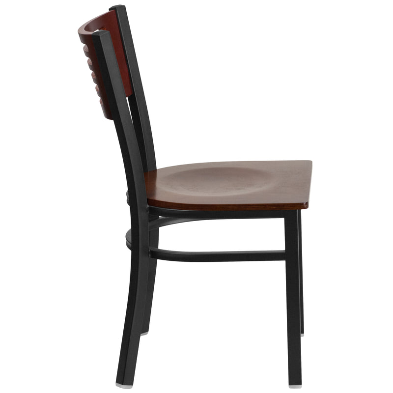 SINGLEWAVE Series Black Slat Back Metal Restaurant Chair - Mahogany Wood Back & Seat