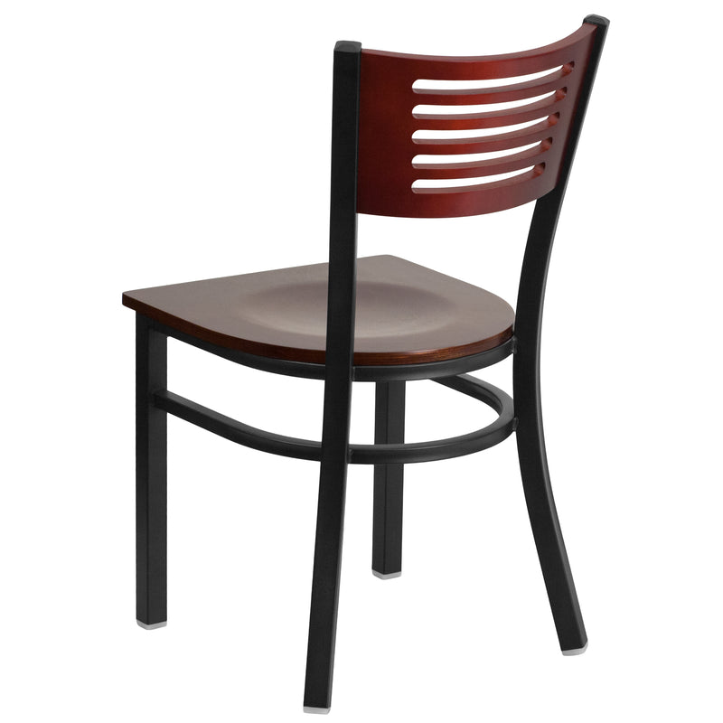 SINGLEWAVE Series Black Slat Back Metal Restaurant Chair - Mahogany Wood Back & Seat