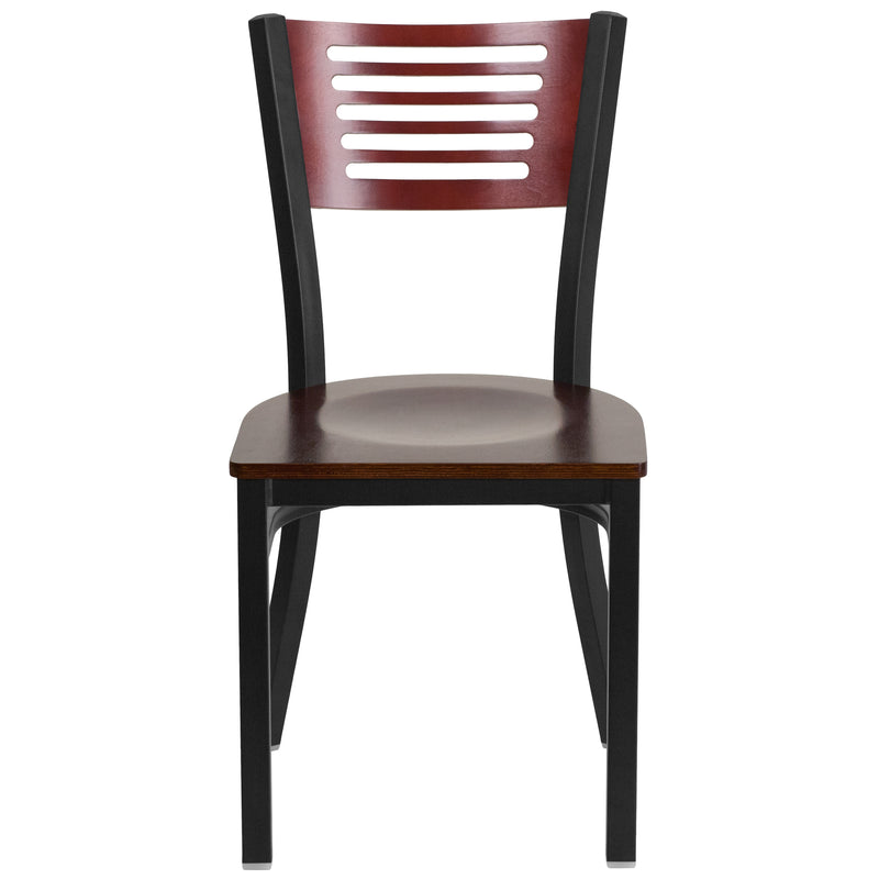 SINGLEWAVE Series Black Slat Back Metal Restaurant Chair - Mahogany Wood Back & Seat