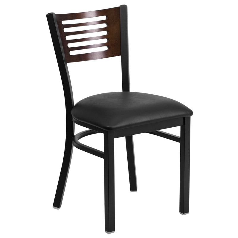 SINGLEWAVE Series Black Slat Back Metal Restaurant Chair - Walnut Wood Back, Black Vinyl Seat