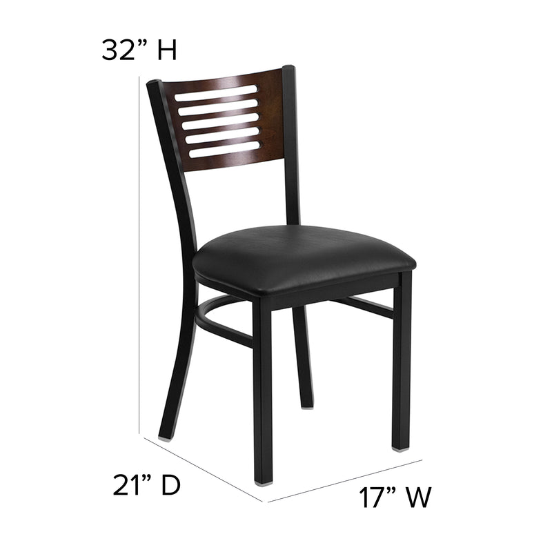 SINGLEWAVE Series Black Slat Back Metal Restaurant Chair - Walnut Wood Back, Black Vinyl Seat