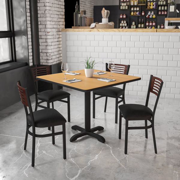 SINGLEWAVE Series Black Slat Back Metal Restaurant Chair - Walnut Wood Back, Black Vinyl Seat