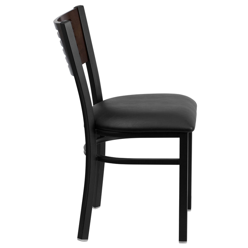 SINGLEWAVE Series Black Slat Back Metal Restaurant Chair - Walnut Wood Back, Black Vinyl Seat