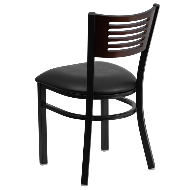 SINGLEWAVE Series Black Slat Back Metal Restaurant Chair - Walnut Wood Back, Black Vinyl Seat