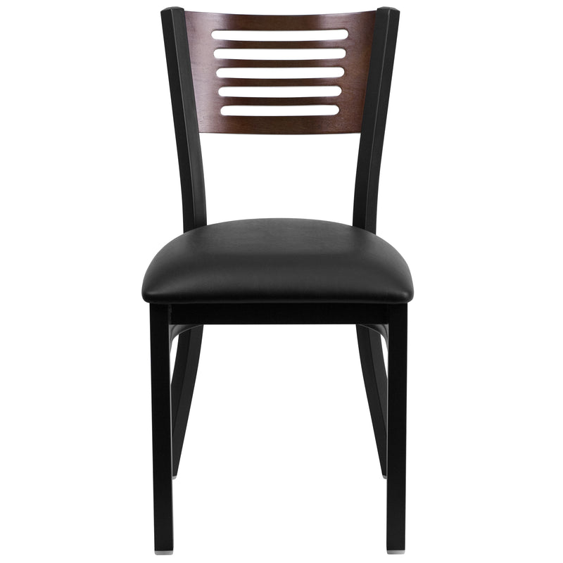 SINGLEWAVE Series Black Slat Back Metal Restaurant Chair - Walnut Wood Back, Black Vinyl Seat