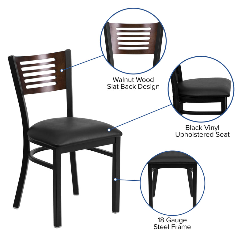 SINGLEWAVE Series Black Slat Back Metal Restaurant Chair - Walnut Wood Back, Black Vinyl Seat