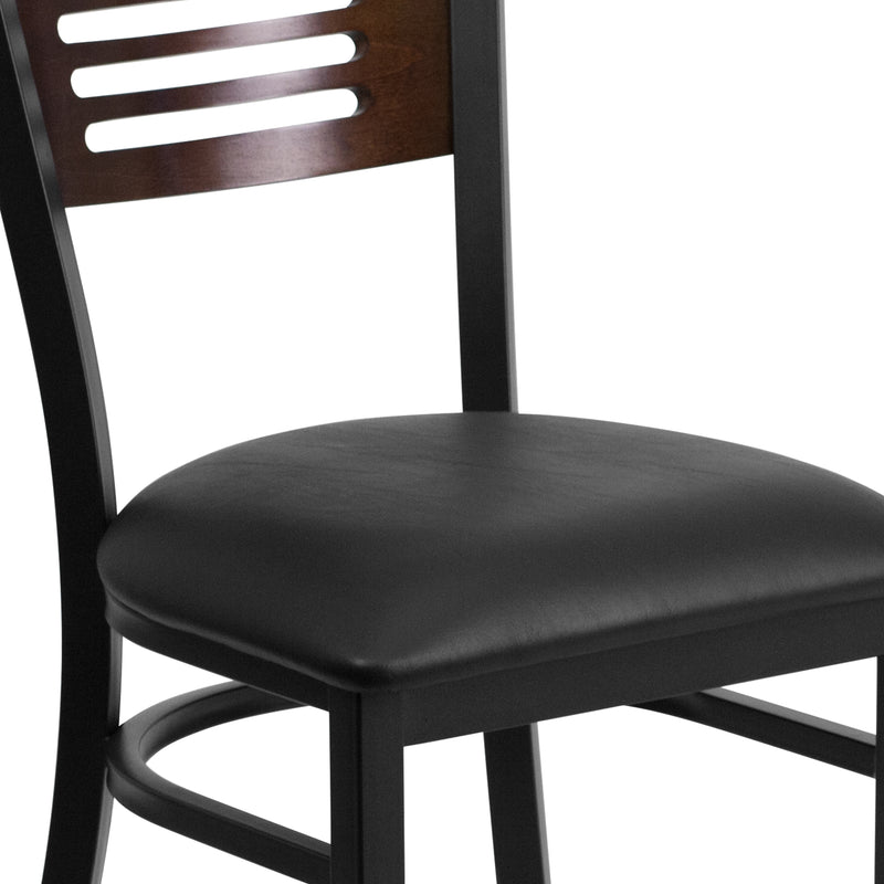 SINGLEWAVE Series Black Slat Back Metal Restaurant Chair - Walnut Wood Back, Black Vinyl Seat