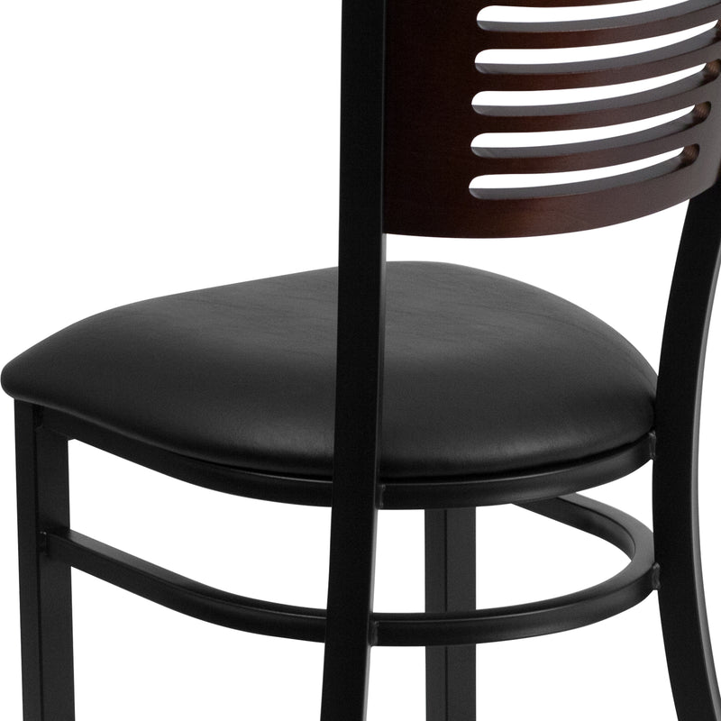 SINGLEWAVE Series Black Slat Back Metal Restaurant Chair - Walnut Wood Back, Black Vinyl Seat