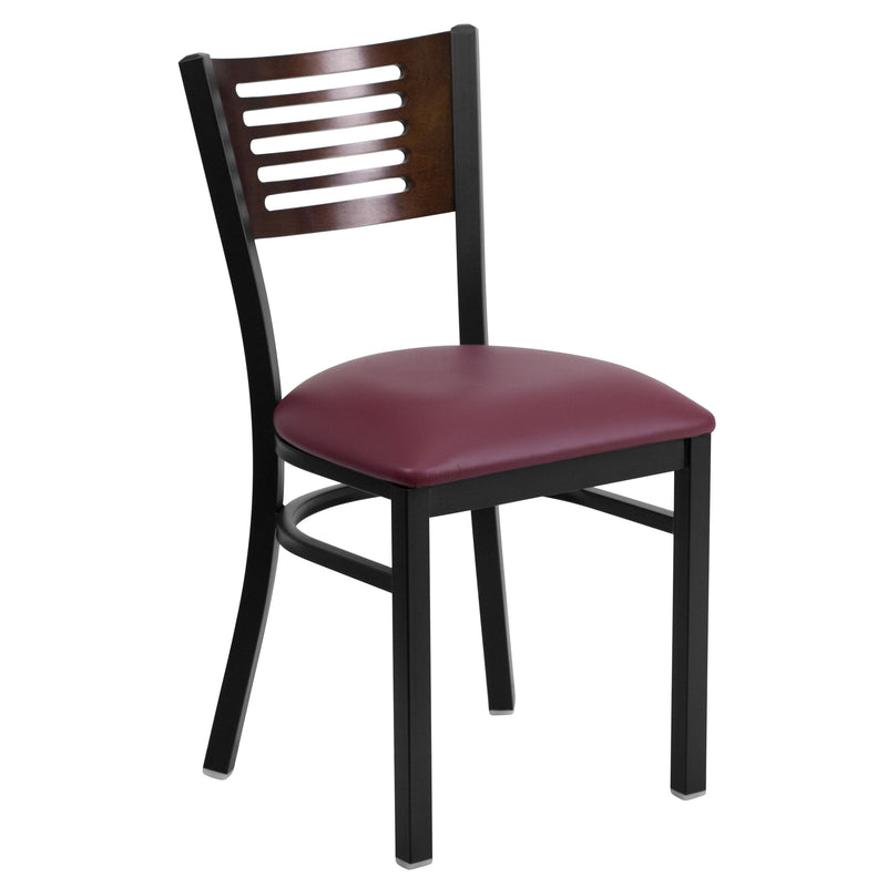 SINGLEWAVE Series Black Slat Back Metal Restaurant Chair - Walnut Wood Back, Burgundy Vinyl Seat