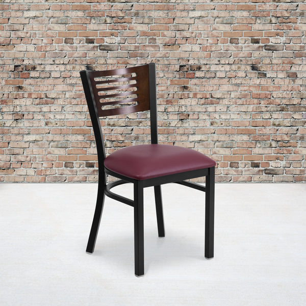 SINGLEWAVE Series Black Slat Back Metal Restaurant Chair - Walnut Wood Back, Burgundy Vinyl Seat