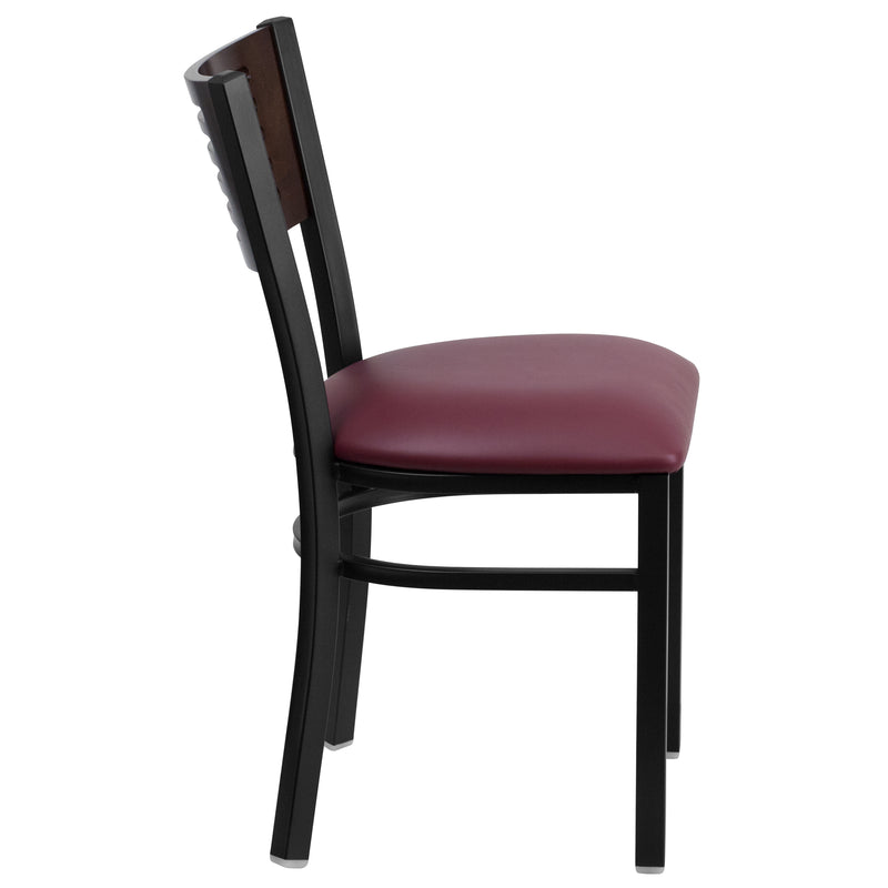 SINGLEWAVE Series Black Slat Back Metal Restaurant Chair - Walnut Wood Back, Burgundy Vinyl Seat