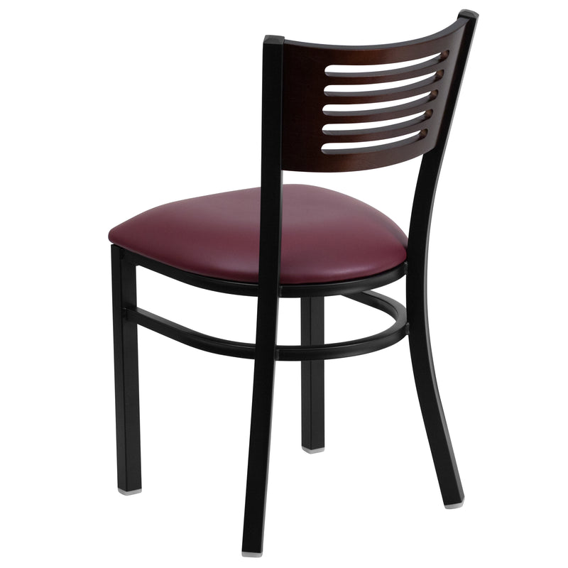 SINGLEWAVE Series Black Slat Back Metal Restaurant Chair - Walnut Wood Back, Burgundy Vinyl Seat