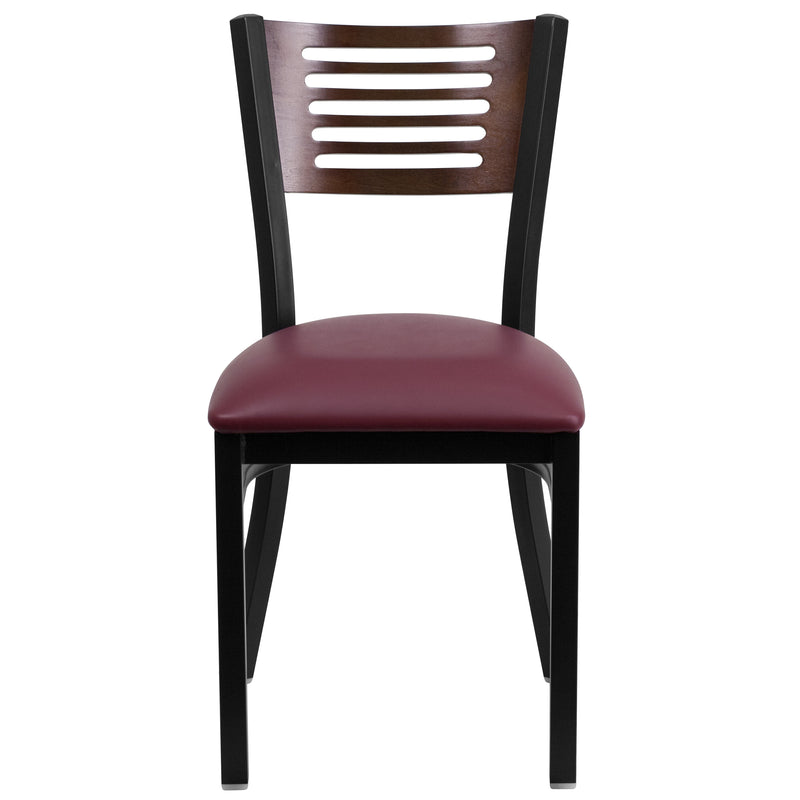 SINGLEWAVE Series Black Slat Back Metal Restaurant Chair - Walnut Wood Back, Burgundy Vinyl Seat