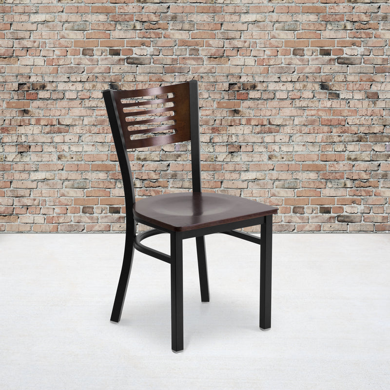 SINGLEWAVE Series Black Slat Back Metal Restaurant Chair - Walnut Wood Back & Seat