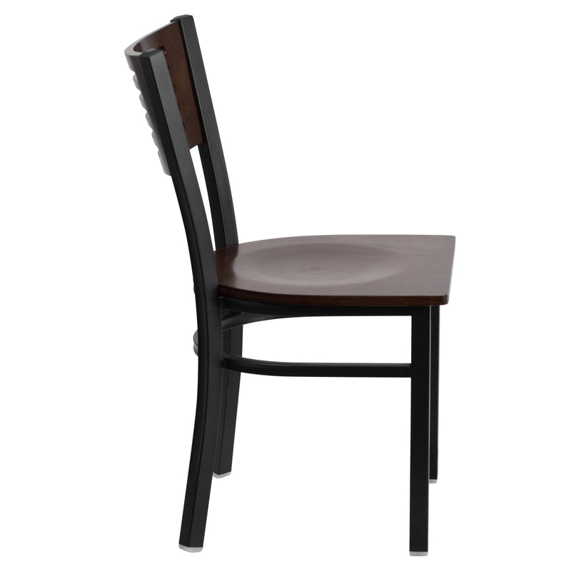 SINGLEWAVE Series Black Slat Back Metal Restaurant Chair - Walnut Wood Back & Seat