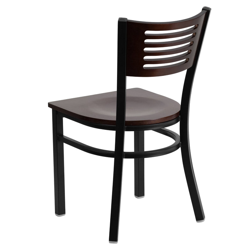 SINGLEWAVE Series Black Slat Back Metal Restaurant Chair - Walnut Wood Back & Seat