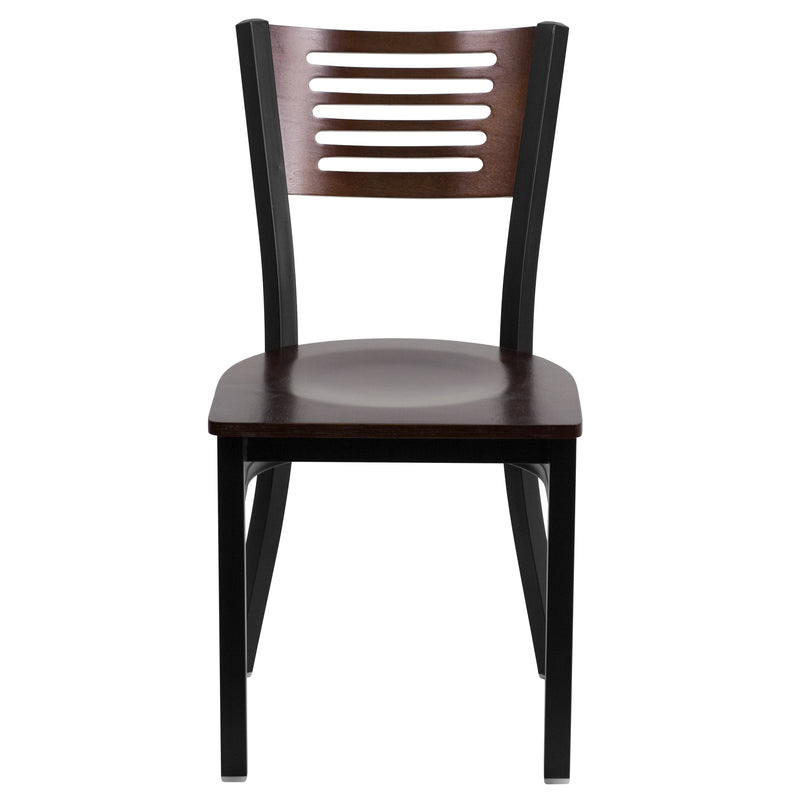 SINGLEWAVE Series Black Slat Back Metal Restaurant Chair - Walnut Wood Back & Seat