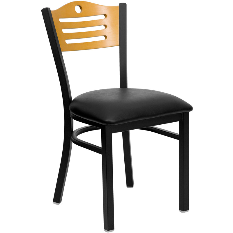 SINGLEWAVE Series Black Slat Back Metal Restaurant Chair - Natural Wood Back, Black Vinyl Seat