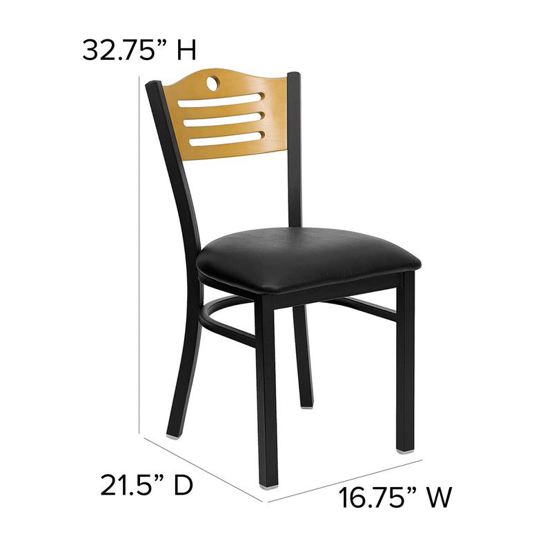 SINGLEWAVE Series Black Slat Back Metal Restaurant Chair - Natural Wood Back, Black Vinyl Seat