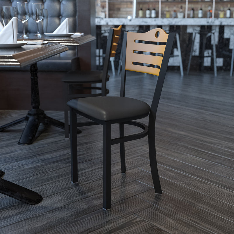 SINGLEWAVE Series Black Slat Back Metal Restaurant Chair - Natural Wood Back, Black Vinyl Seat