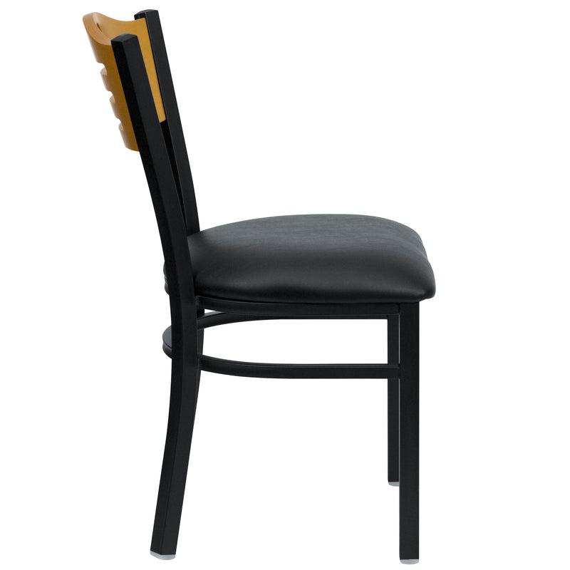 SINGLEWAVE Series Black Slat Back Metal Restaurant Chair - Natural Wood Back, Black Vinyl Seat