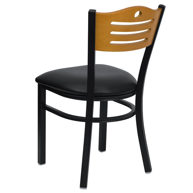 SINGLEWAVE Series Black Slat Back Metal Restaurant Chair - Natural Wood Back, Black Vinyl Seat