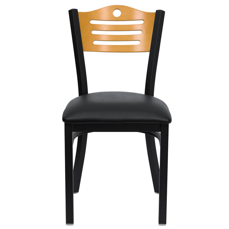 SINGLEWAVE Series Black Slat Back Metal Restaurant Chair - Natural Wood Back, Black Vinyl Seat