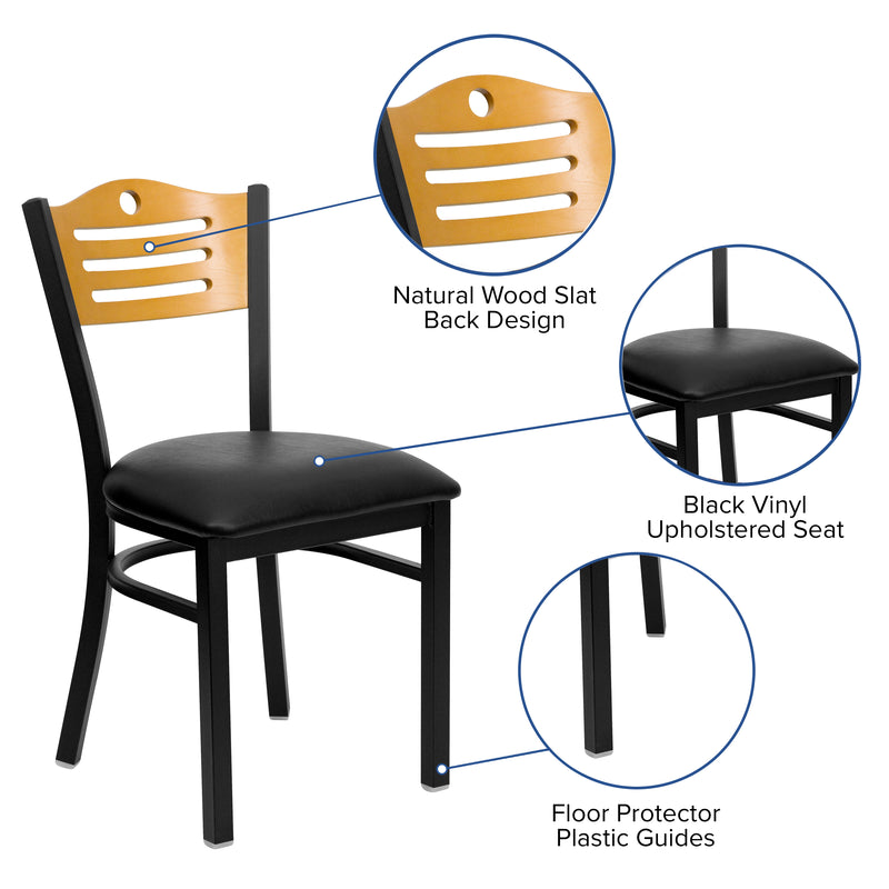 SINGLEWAVE Series Black Slat Back Metal Restaurant Chair - Natural Wood Back, Black Vinyl Seat