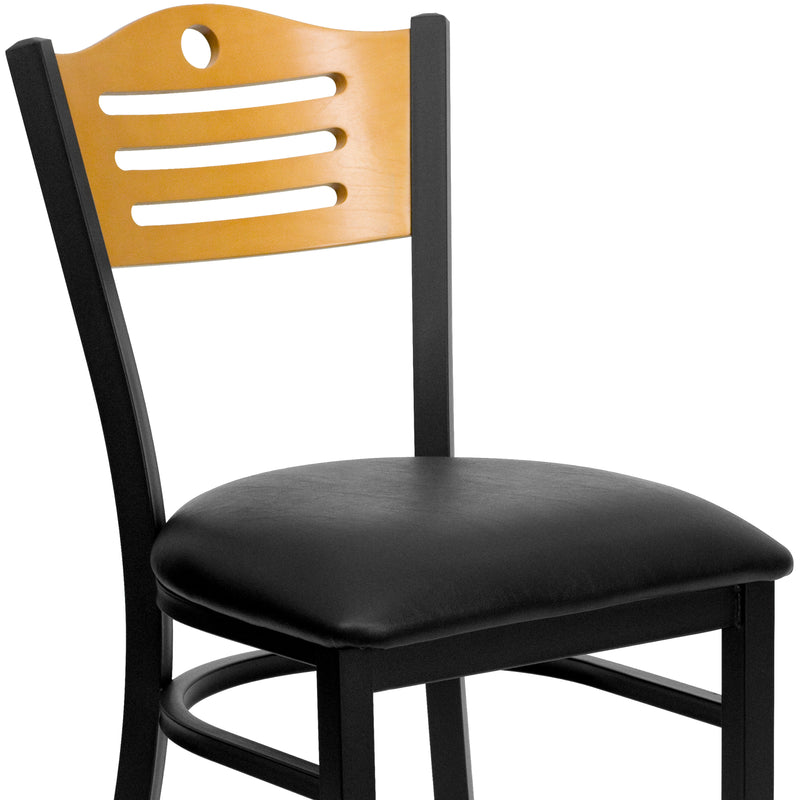 SINGLEWAVE Series Black Slat Back Metal Restaurant Chair - Natural Wood Back, Black Vinyl Seat