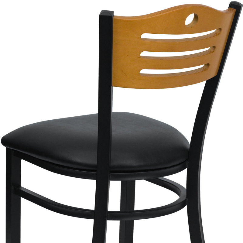 SINGLEWAVE Series Black Slat Back Metal Restaurant Chair - Natural Wood Back, Black Vinyl Seat