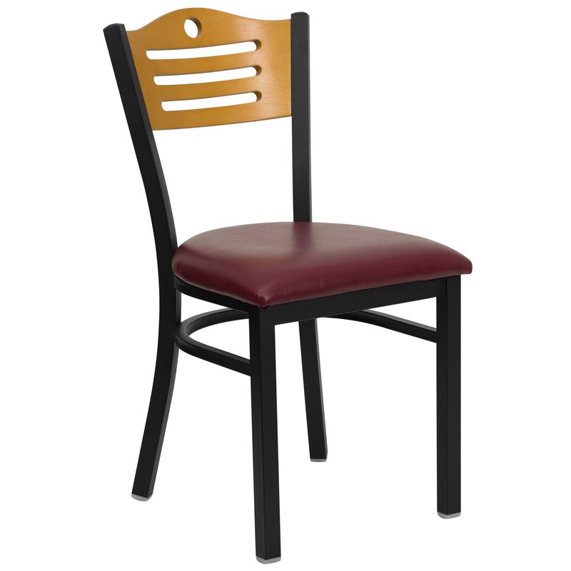 SINGLEWAVE Series Black Slat Back Metal Restaurant Chair - Natural Wood Back, Burgundy Vinyl Seat