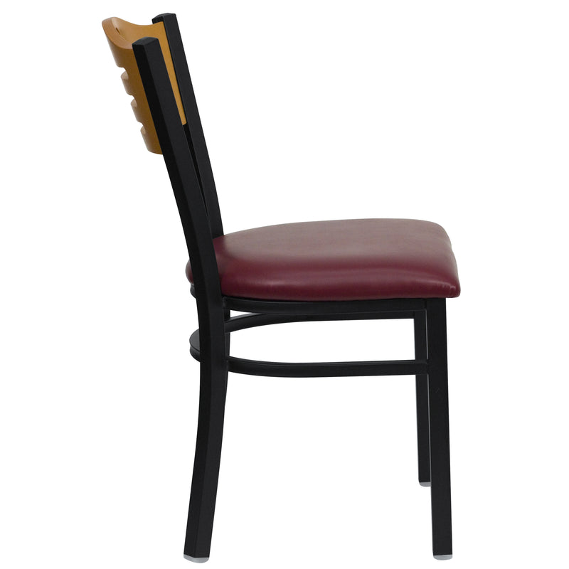 SINGLEWAVE Series Black Slat Back Metal Restaurant Chair - Natural Wood Back, Burgundy Vinyl Seat