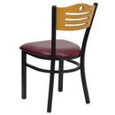 SINGLEWAVE Series Black Slat Back Metal Restaurant Chair - Natural Wood Back, Burgundy Vinyl Seat