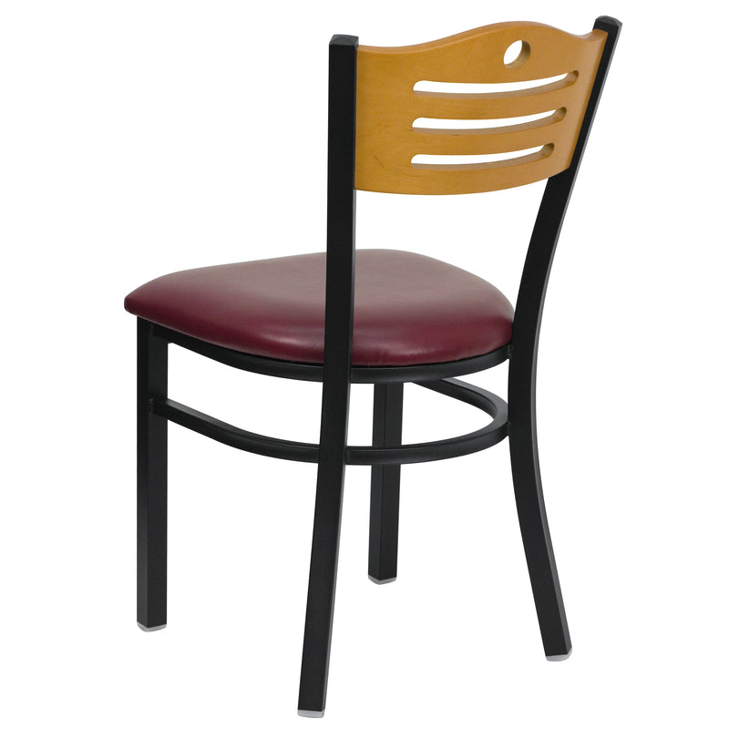 SINGLEWAVE Series Black Slat Back Metal Restaurant Chair - Natural Wood Back, Burgundy Vinyl Seat