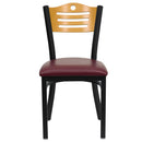 SINGLEWAVE Series Black Slat Back Metal Restaurant Chair - Natural Wood Back, Burgundy Vinyl Seat