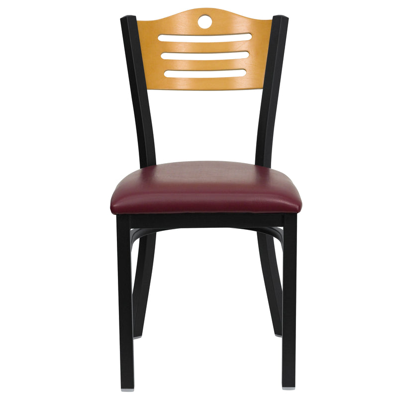 SINGLEWAVE Series Black Slat Back Metal Restaurant Chair - Natural Wood Back, Burgundy Vinyl Seat