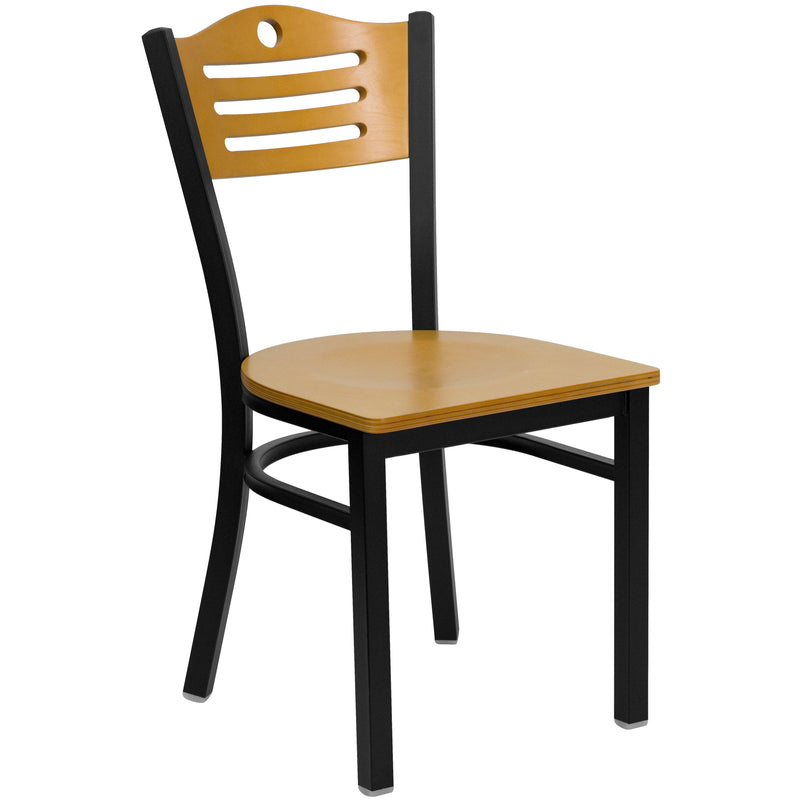 SINGLEWAVE Series Black Slat Back Metal Restaurant Chair - Natural Wood Back & Seat