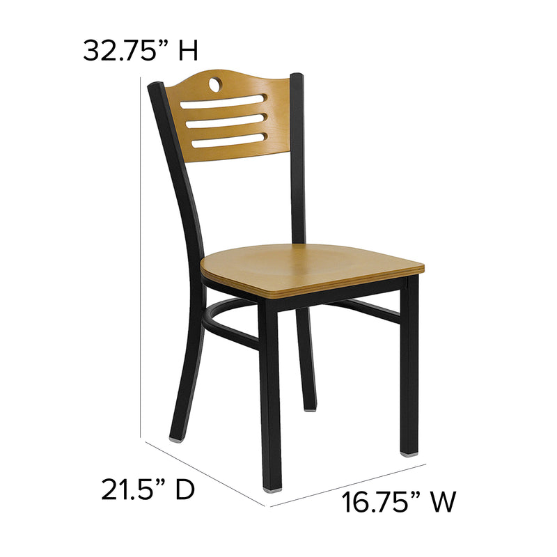 SINGLEWAVE Series Black Slat Back Metal Restaurant Chair - Natural Wood Back & Seat