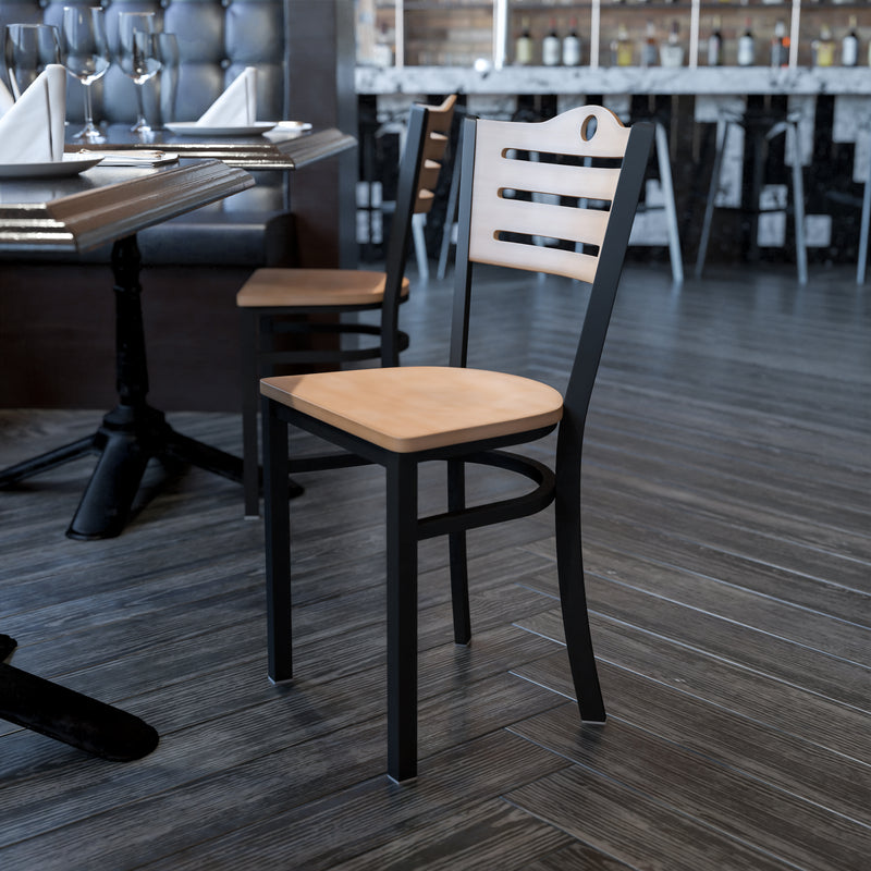 SINGLEWAVE Series Black Slat Back Metal Restaurant Chair - Natural Wood Back & Seat