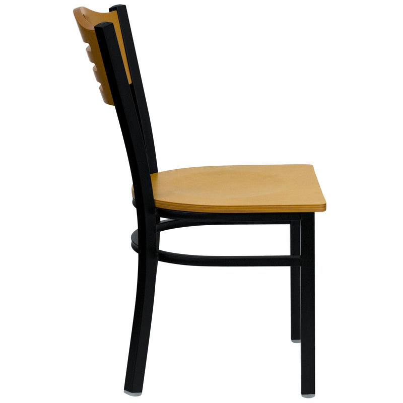 SINGLEWAVE Series Black Slat Back Metal Restaurant Chair - Natural Wood Back & Seat