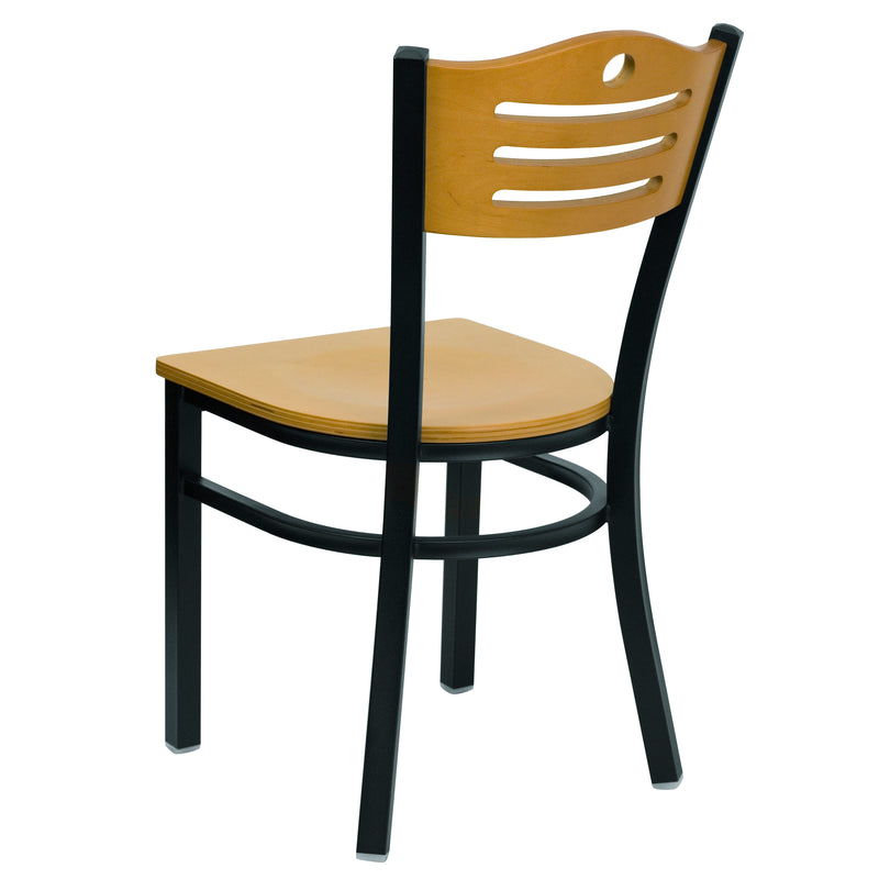 SINGLEWAVE Series Black Slat Back Metal Restaurant Chair - Natural Wood Back & Seat