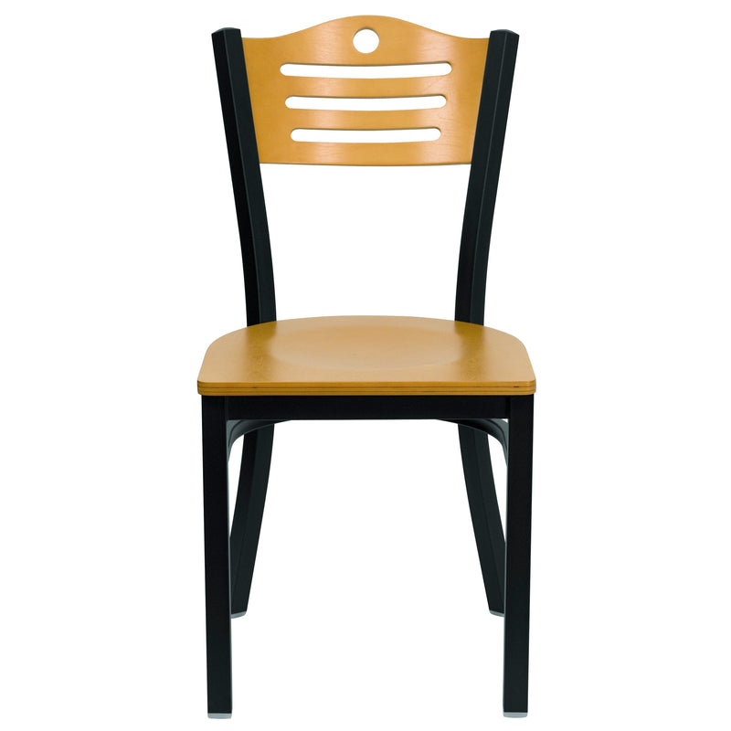 SINGLEWAVE Series Black Slat Back Metal Restaurant Chair - Natural Wood Back & Seat