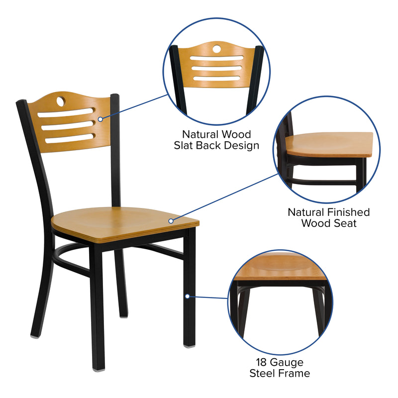 SINGLEWAVE Series Black Slat Back Metal Restaurant Chair - Natural Wood Back & Seat